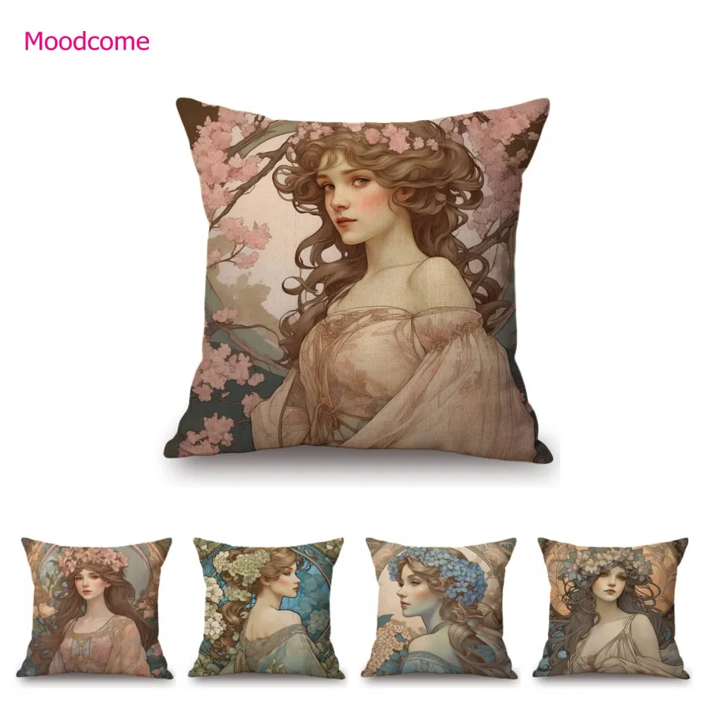 Beautiful Princess Girl Nouveau Art Mucha Style Aesthetic Cotton Linen Sofa Throw Pillow Case European Art Cushion Cover