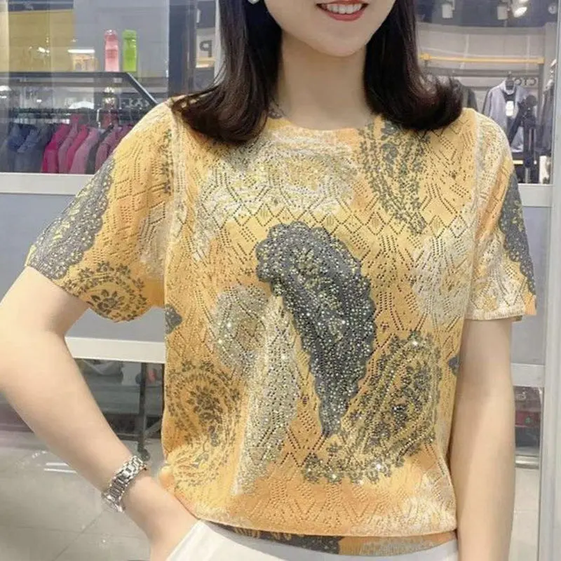 Women's Clothing Vintage Paisley Printed Pullovers Casual 2024 Summer Chic Diamonds Loose Commute O-Neck Short Sleeve T-shirt