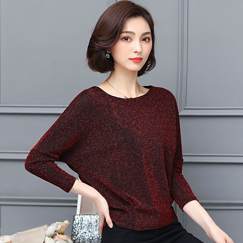 #1662 Spring Autumn Bright Silk Mesh T Shirt Women Batwing Sleeve Loose Short T Shirt Female Office Elegant Womens Tee Shirts