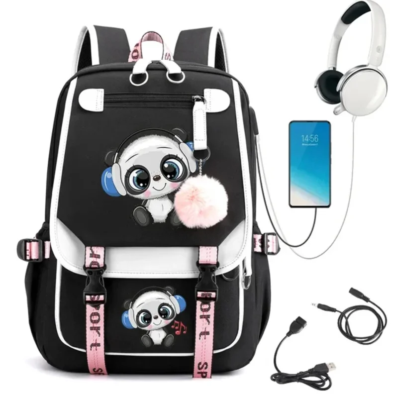 Bolsa de Ombro Kawaii para Adolescentes, Mochilas Femininas, Mochila Laptop, Bolsa de Estudante, Panda Love Music Bagpack