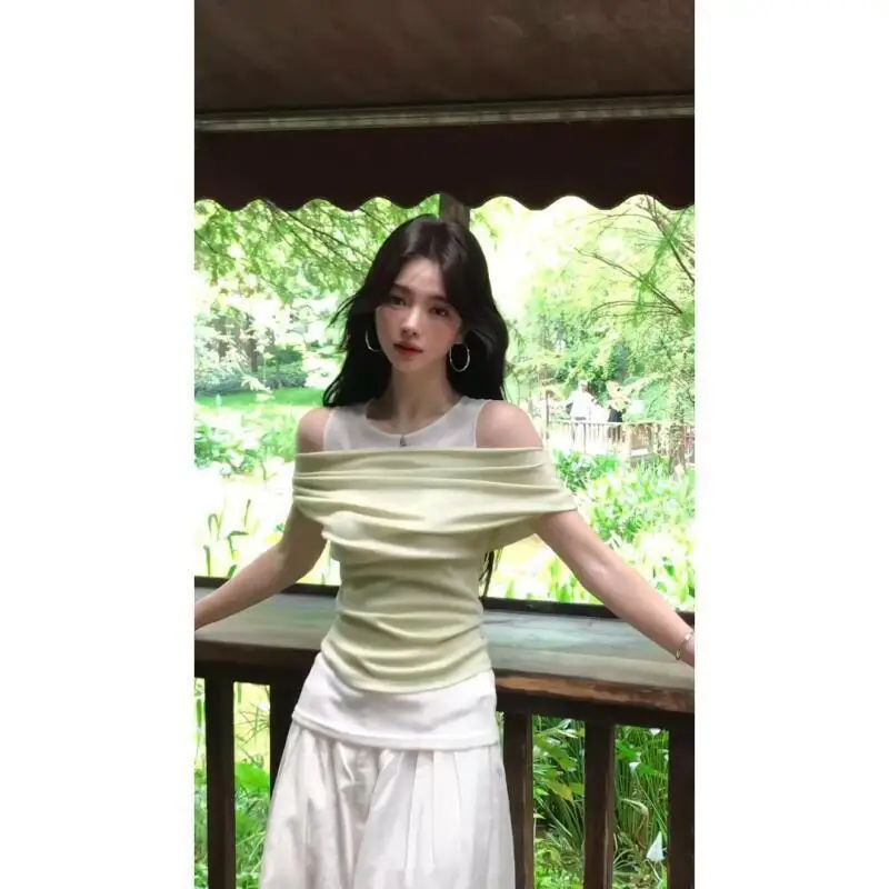 One-Line Collar Tops Best-Selling Matching Loose Wide-Leg Pants Suit Trendy Two-Piece Suit for Women Summer New Style Gentle