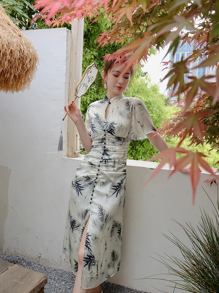 

ReVe Haute Couture Phoenix Silk Bamboo Le Print Qipao Dr Stand Collar ort Sve Long Evening Gown Chinese Sle Women