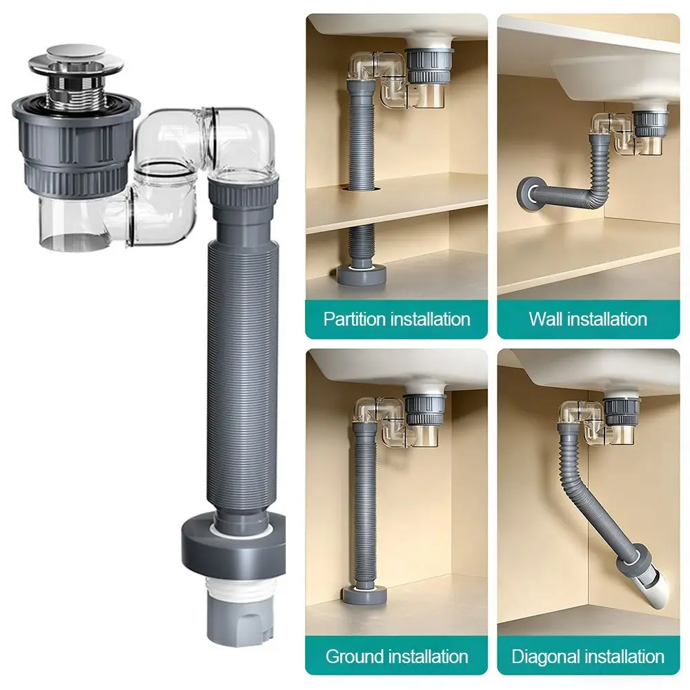 

Plastic Sink Drain Pipe Set Bounce Up Core Anti-Odor Retractable Drain Pipe Anti Clogging Easy Installation Drainage Pipe
