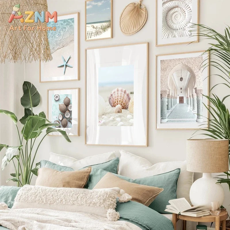 AZNM Frameless 2D Flat Soft‑toned Seashell Starfish Beach Scenery Canvas Print, Reusable Coastal‑style Bedroom Wall Art Decor