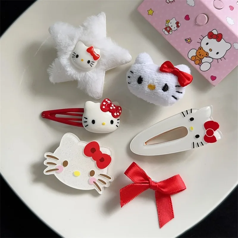 Kawaii Sanrio Hello Kitty Hair Clip Set Cartoon Cute Girls Ornaments Anime Accessories Hair Circle Headdress Bow Hairclips Gifts