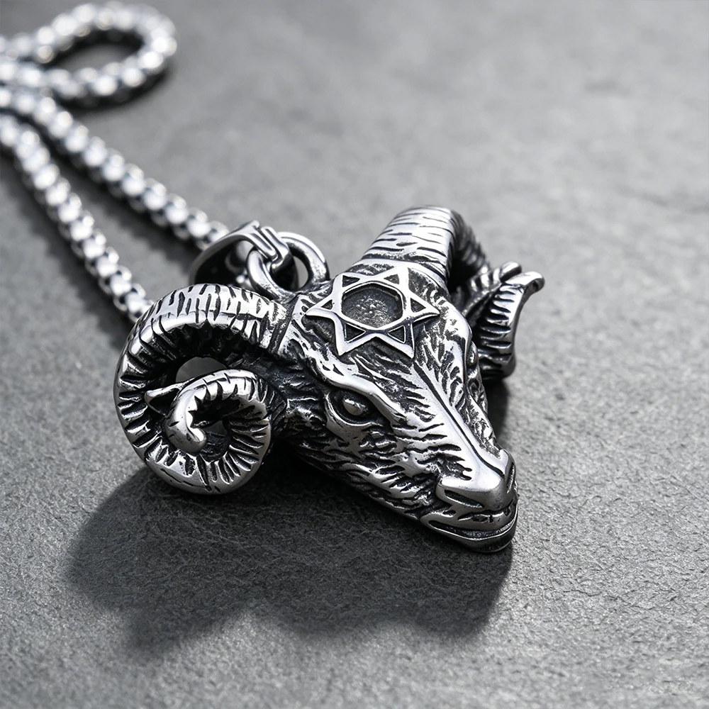 Pentagram Goat Head Pendant Necklace Unisex Vintage Gothic Biker Satanic Rock Demon Horns Talisman Stainless Steel Jewelry Gifts