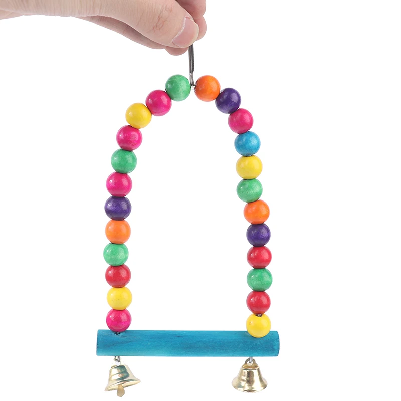 New 1PC Natural Wooden Parrots Swing Toy Birds Colorful Beads Bird Supplies Bells Toys Perch Hanging Swings Cage for Pets