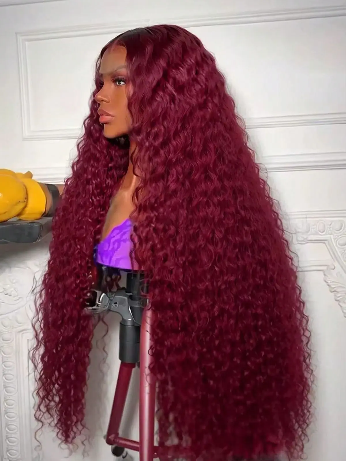 

36-дюймовые парики с кружевной передней частью 99J бордового цвета, с эффектом причесок, 13x4 HD прозрачные, с глубокой волной, из натуральных волос, плотность 200%, красный бордовый цвет