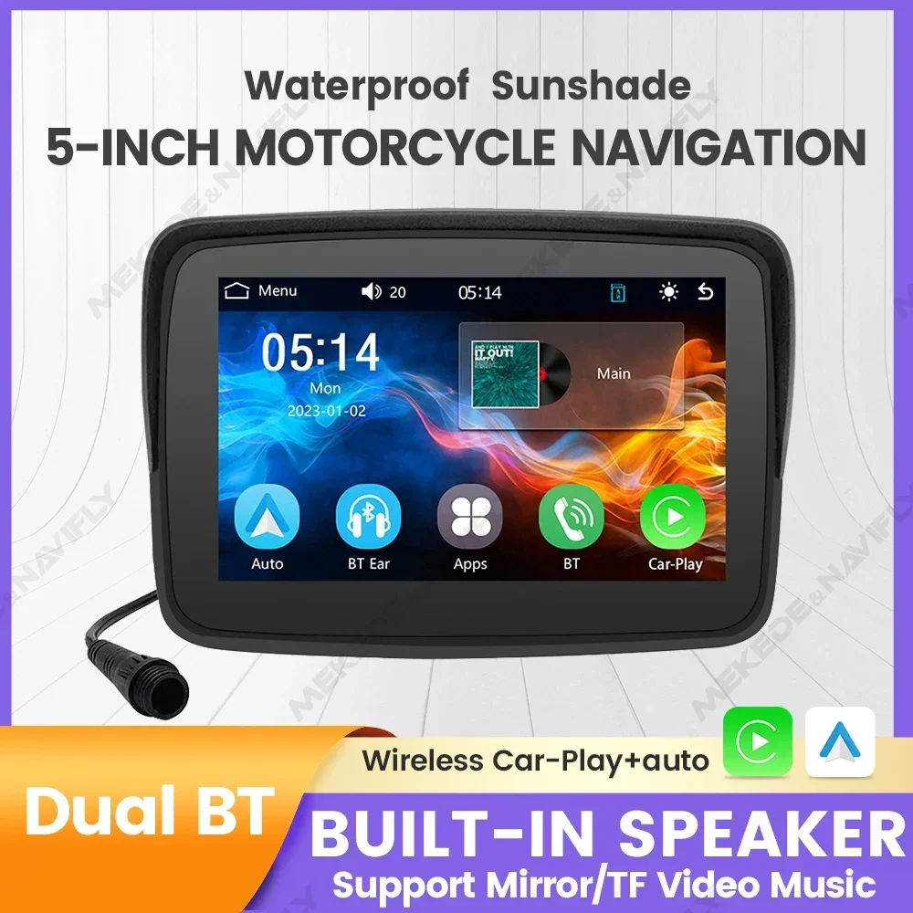 IP67 Waterproof Sunshade 5inch Screen Motorcycle GPS Navigation BT Carplay Moto Wireless Android Auto Mirror Link Speaker