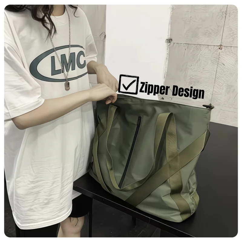 Modische und trendige Aufbewahrungstasche mit großem Fassungsvermögen im Instagram-Stil, unisex, geeignet für Studenten, aus wasserabweisendem Nylonmaterial, erhältlich in Schwarz und Dunkelgrün, kann als Handtasche, Umhängetasche, Schultertasche, Reisetasche oder Tragetasche verwendet werden. – Detail 5