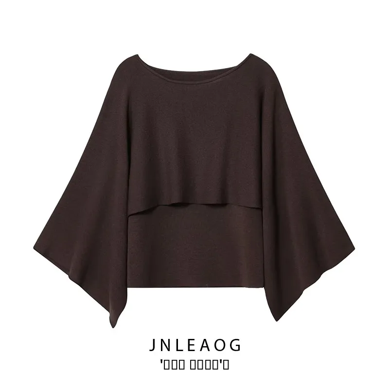 

Loose Layered Brown Knitted Top Women's Faion Autumn New Sle JNLEAOG One-oulder Polyester Fiber Long Sve Casual Wear