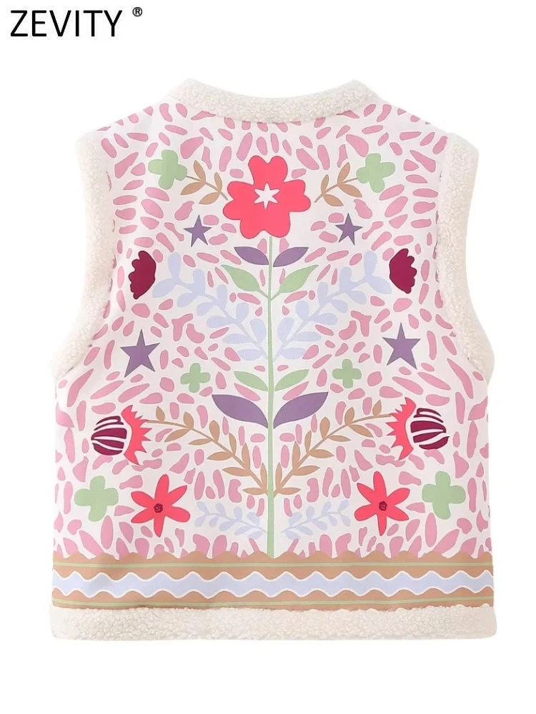 Zevity 2023 Women Fashion V Neck Sleeveless Plush Flower Printed Vest Jacket Office Lady Open Stitching WaistCoat Tops CT5063