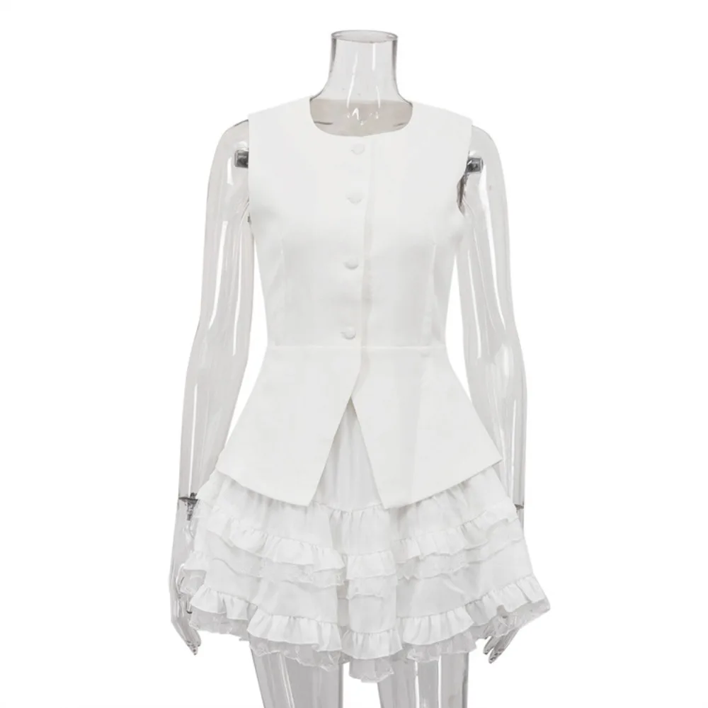 TWOTWINSTYLE Solide Zweiteilige Set für Frauen O Hals Ärmellose Strickjacke Weste Hohe Taille Gespleißt Spitze Rand Mini Rock Anzug Weibliche