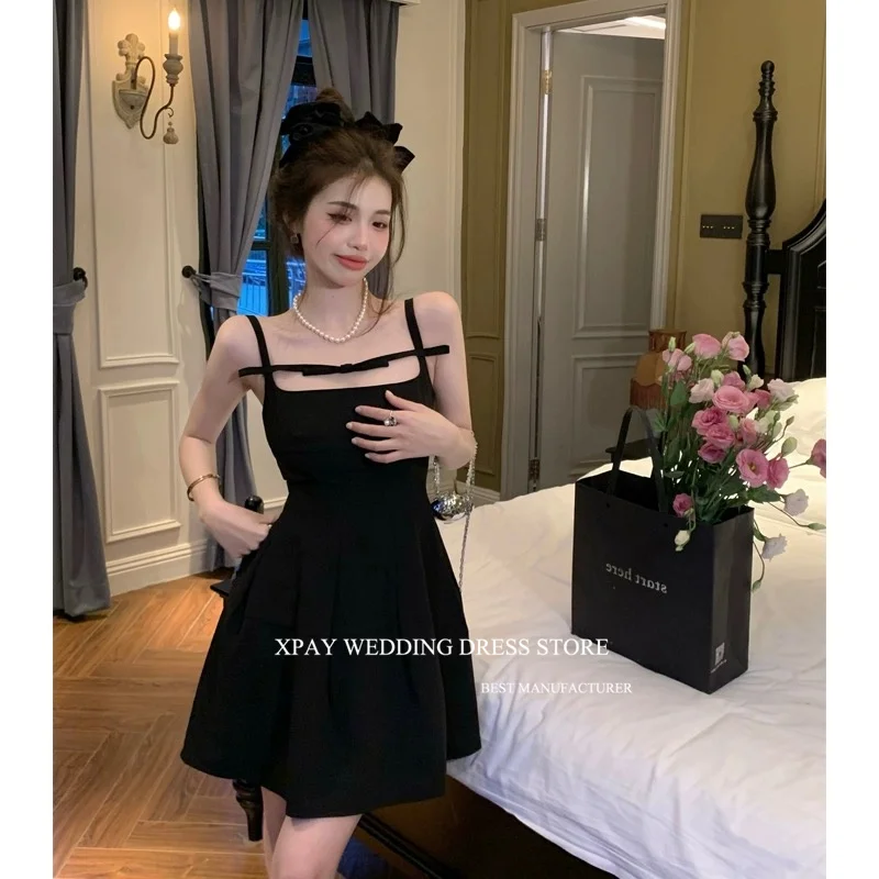 XPAY-Mini Vestido corto de fiesta de cóctel negro, vestido coreano con tirantes finos, falda suave mate para eventos nocturnos, sesión de fotos de verano, lindo y encantador