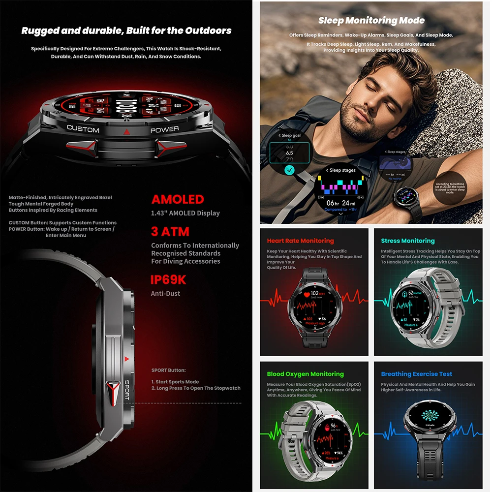 X2 Tank GPS Smart Watch 3ATM Waterproof Swimming Dual Band GPS Smartwatc BT Call Compass Altitude Barometer 1.43" AMOLED Display