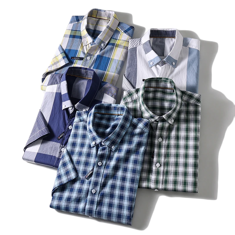 

New Men's Fashion British Style Korean Version of 100 Cotton Summer Patchwork Color Plaid Business Casual Short-sleeved Shirt