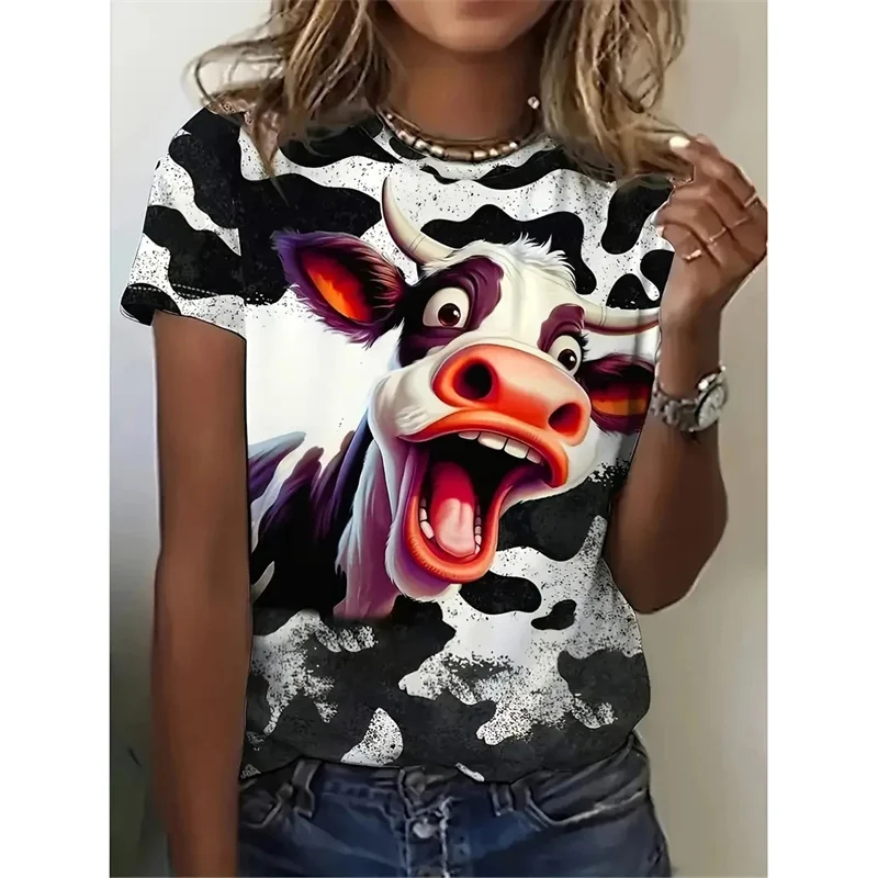

Женская футболка с узором Happy Cow размера плюс, футболки с 3D принтом забавных животных, модные футболки с короткими рукавами и круглым вырезом, уличная одежда