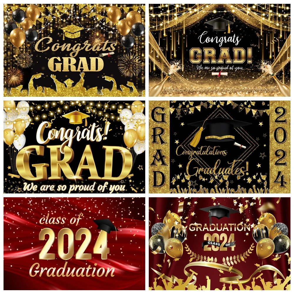 

2024 Graduation Party Backdrop Photography Congratulation Graduates Black Gold Glitter Balloons Bachelor Caps Photo Background