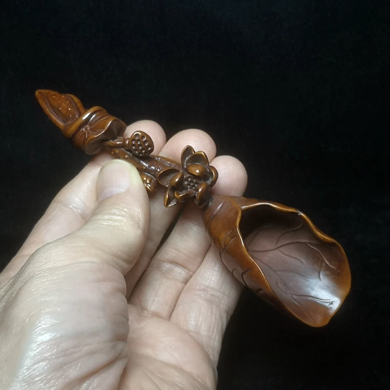 

1919 Antique art Size 5.3 Inch Chinese Boxwood Wood Hand carved exquisite lotus Statue Tea Spoon Gift Collection