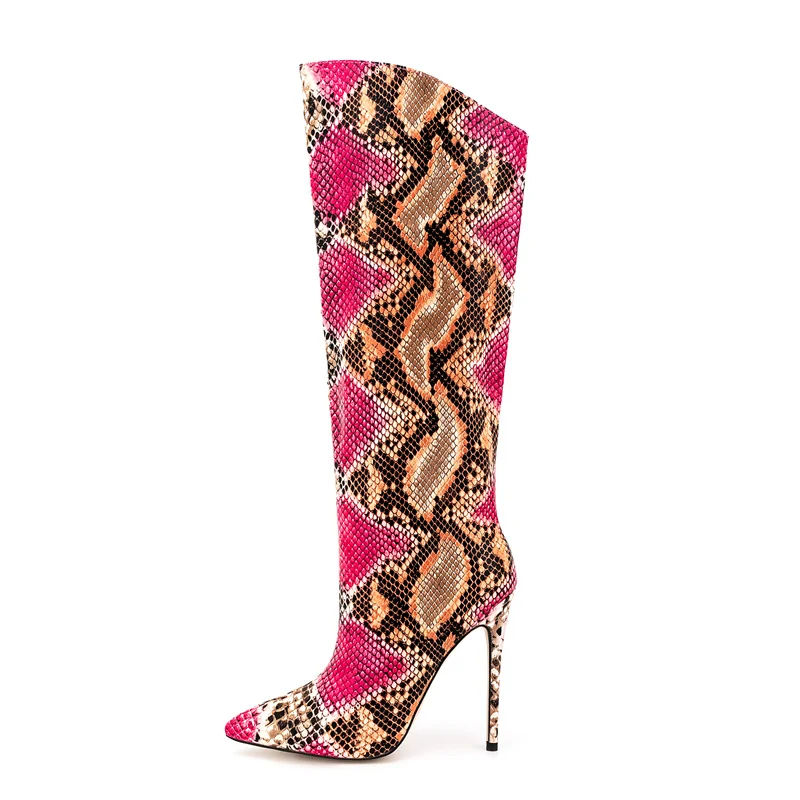 Size 34-47 Snake Patterned Women Knee Length Boots European American Autumn Winter Sexy Slim Fitting 12cm High Heel Long Boots