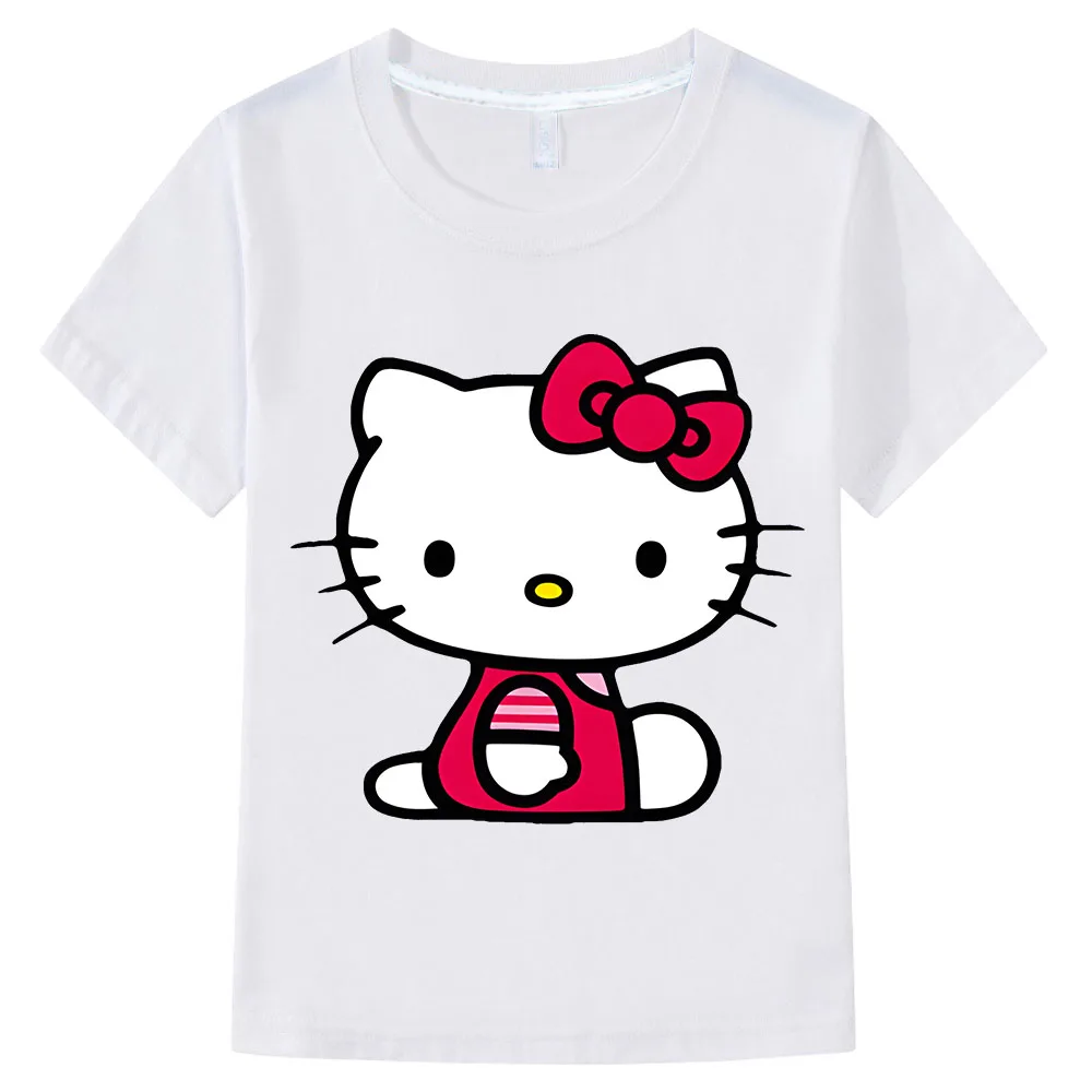 Cartoon Cotton T-shirt Fashion Kids Print Pink Hello Kiitty Summer T-shirt Kids Top Sports Break Short Sleeve Tops Girls Clothes