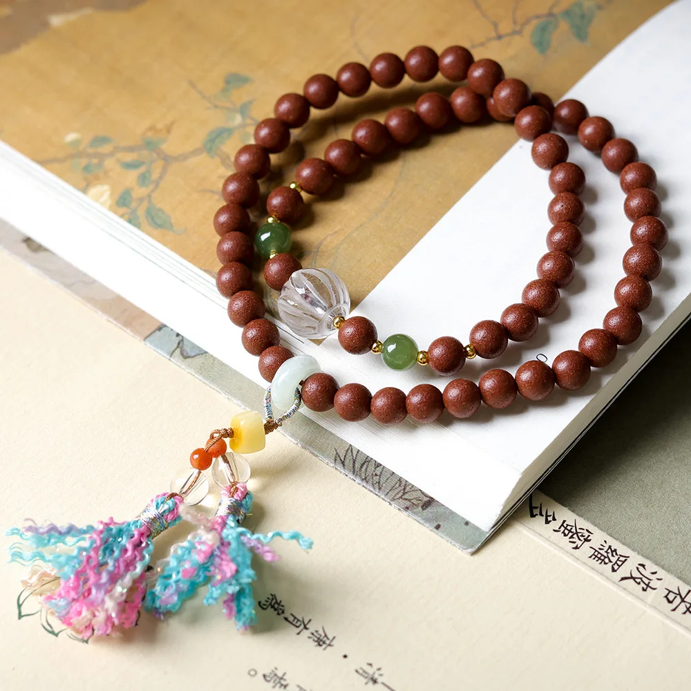Handwoven Double Loop Bracelet with Natural White Crystal Beeswax Emerald and Herbal Scented Beads Gifts