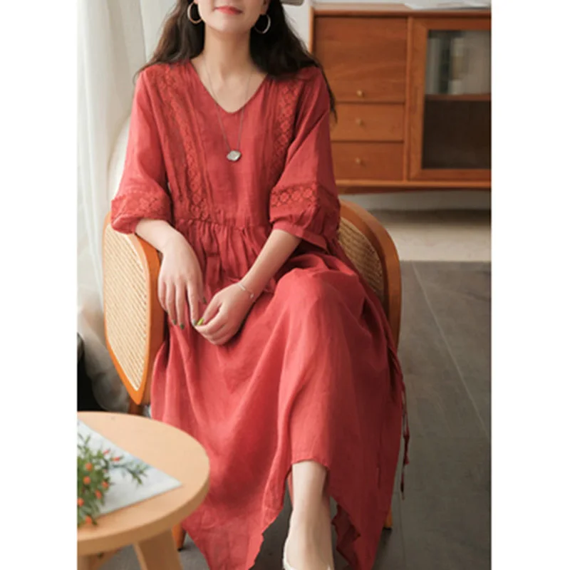 Fashion Solid Color Spliced Loose Shirring Bandage Lace Midi Dress Women's Clothing 2023 Summer New Short Sleeve Casual Dresses