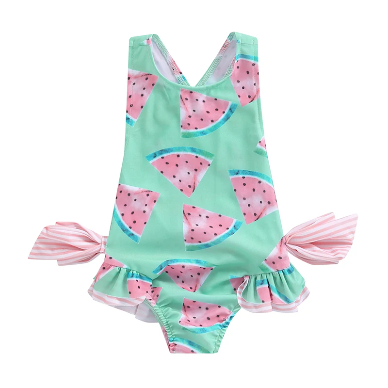 

Toddler Girls Strap Swimsuit Watermelon Sleeveless Backless Bathing Suit Ruffles Bowknot Swimwear Kid Summer 1Piece Beach Wear