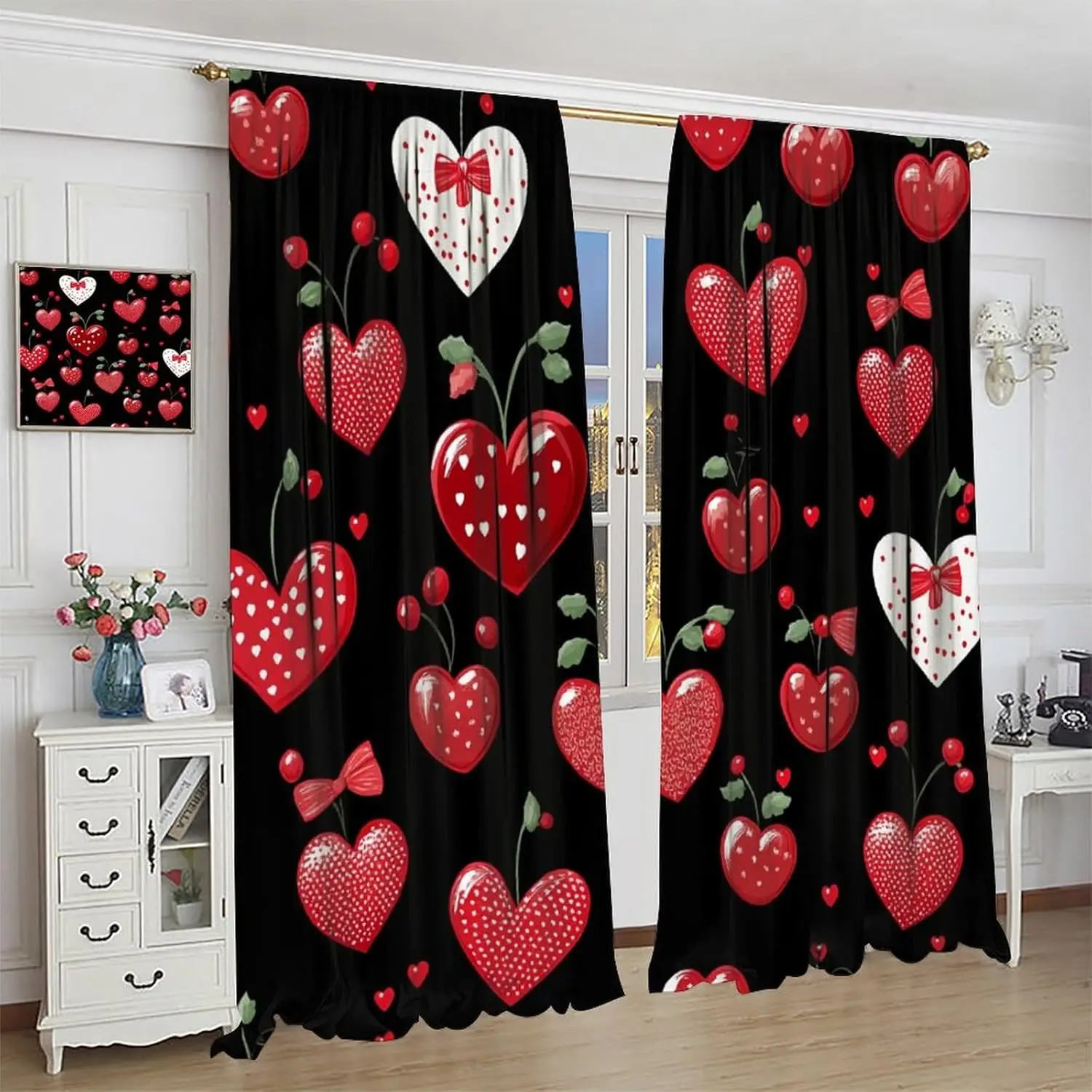 Rustic Cherries Heart Blackout Curtains Bedroom/Living Room, Fruit Pattern Curtains Rod Pocket Thermal Insulated Window Drapes