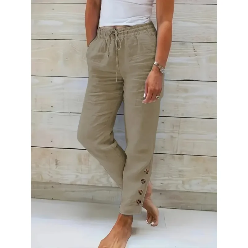 

Плюс размер 1XL-5XL, женские модные однотонные брюки на пуговицах с завязками, повседневные брюки на шнуровке с украшением на пуговицах