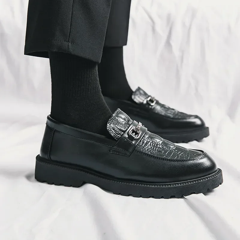 Sapatos de couro britânico casual masculino, terno de pequeno negócio, noivo e festa de casamento preto