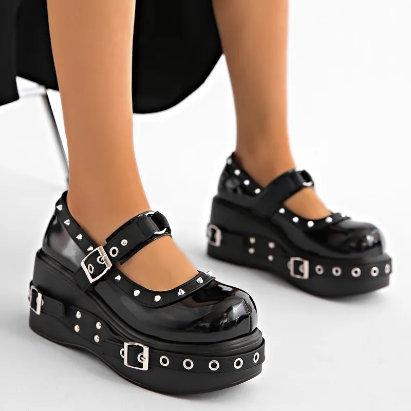 

Hot Girl Single Shoes Autumn New Round Toe Shallow Rivet Metal Buckle One Strap Platform Anti-Slide Heel Shoes
