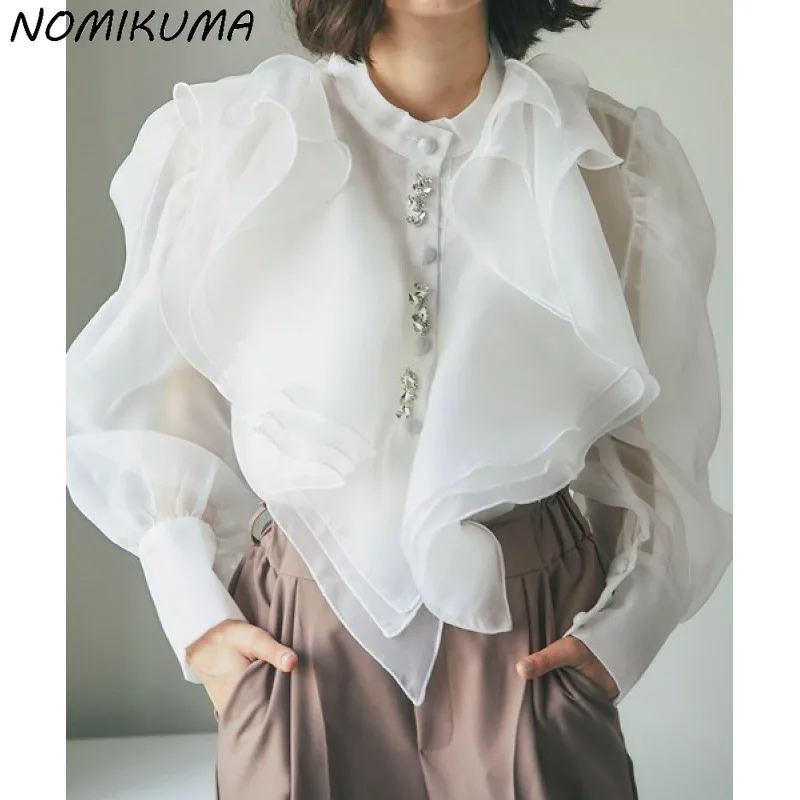 Nomikuma Autumn New Nail Bead Women's Fashion Shirt Causal Elegant Ruffle Patchwork Stand Up Collar Top Blusas Femininas