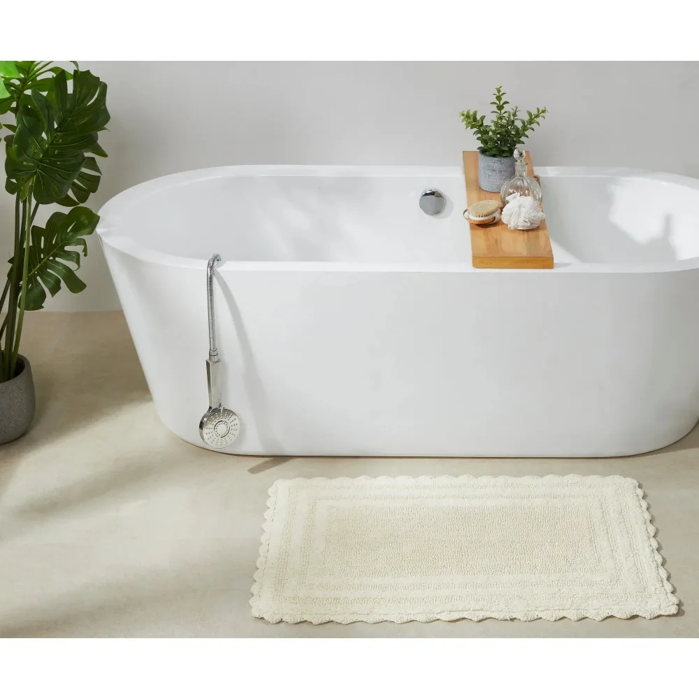 

21 x 34 Bathroom Rug – 100% Cotton, Extra Soft Tufted Reversible Bath Mat, Water-Absorbent, Machine Washable (Ivory) Shaggy Bor