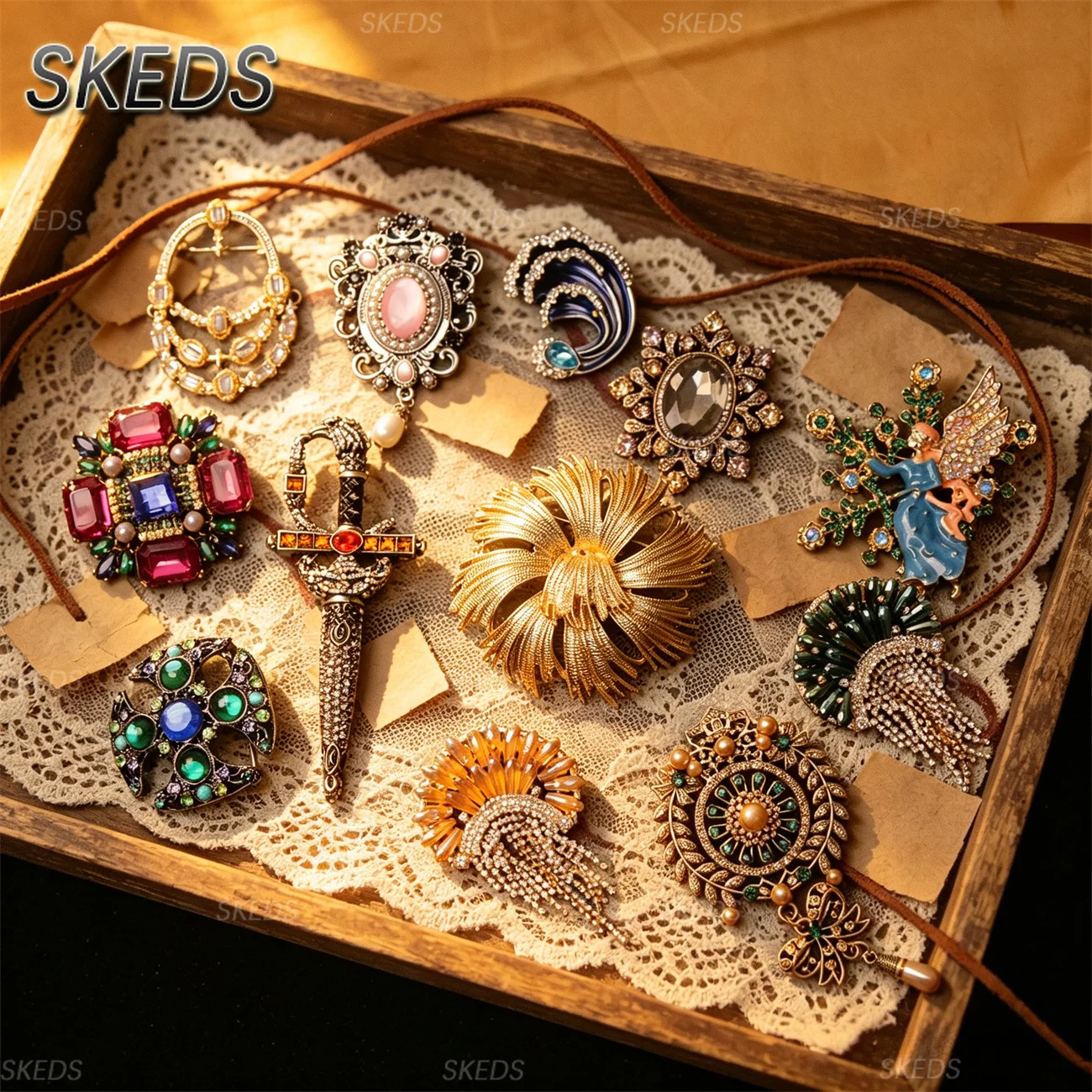 SKEDS Vintage Baroque Brooches Set Victorian Enamel Rhinestone Pearl Sword Angel Lapel Pin Luxury Suit Coat Corsage Jewelry Gift