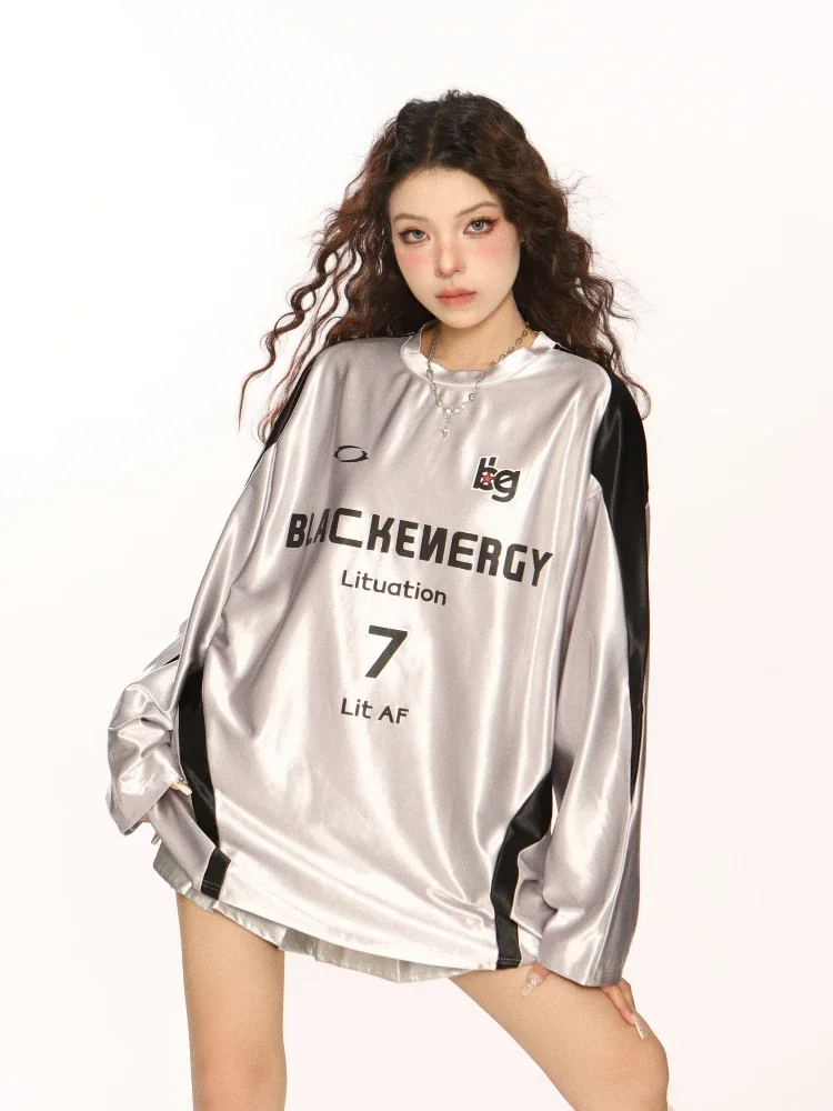 ADAgirl Silvery Letter Print Oversized T Shirts for Women Contrast Patchwork Sports Long Sleeve Tops Retro Hip Hop Casual Tees