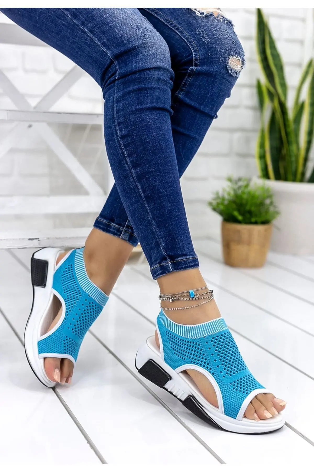 

Women Steel Knit Detail Knitwear Sandals 2022 Trend Spring Summer Season Blue White Red Black Modern Casual Running Shoe Party