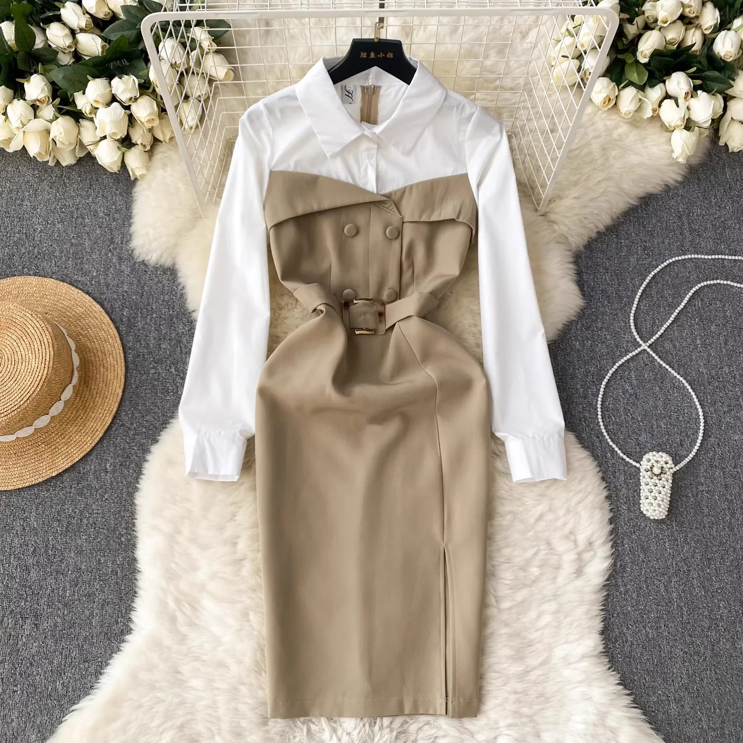 

Korean Fashion Shirt Dress Women Long Sleeve Patchwork Midi Pencil Dress Slim Streetwear Dress Vestidos