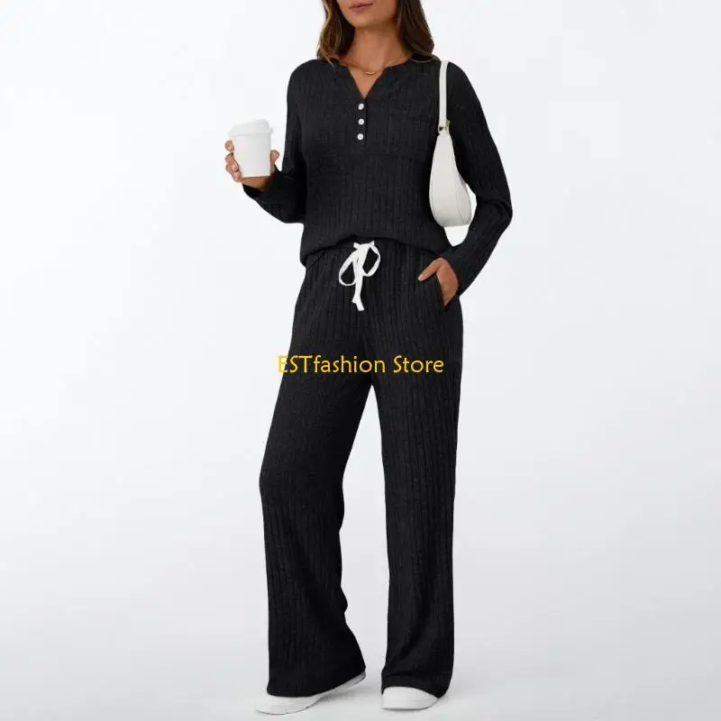 Y5GC Womens 2 Piece Lounge Sets Fall Outfits Henley Neck Sweater Matching Sweat Suits Comfy Pajamas Clothes Pockets