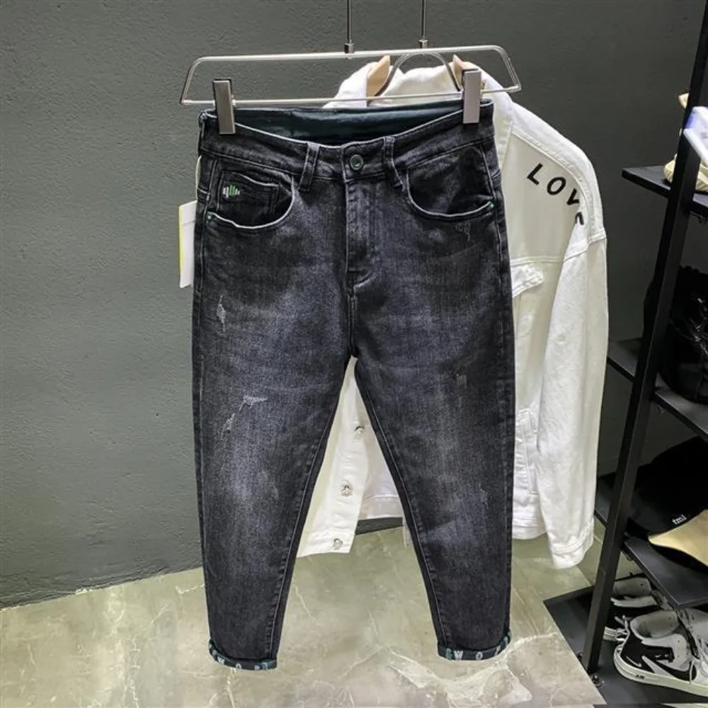 Korean Style Men's Slim Denim with Printed Foot Pattern Spring Autumn Wear Men Trousers Korean Luxury Clothing Streetwear Jeans