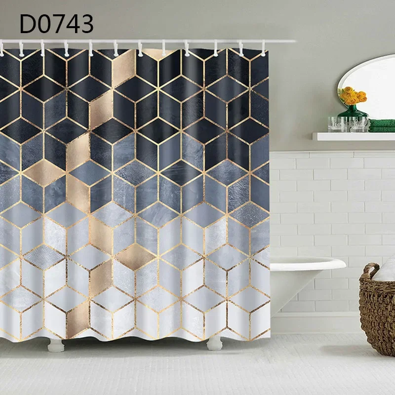 Marble Pattern Bath Curtain Waterproof Shower Curtains Geometric Screen Printed with 12 Pcs Hooks for Bathroom Gift