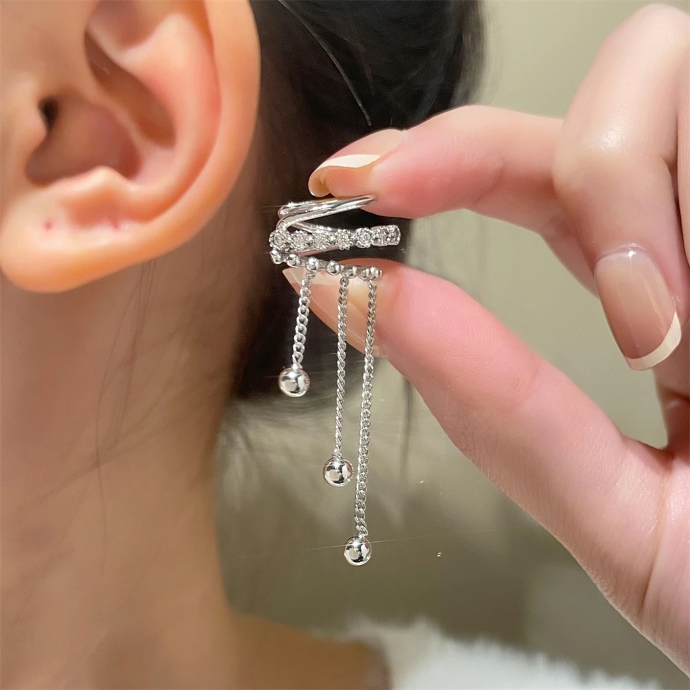 1 PC Silver Color Long Tassel Beads Ear Cuff Clip No Perforation Zircon Fake Cartilage Ear Clips Earrings for Women Jewelry Gift