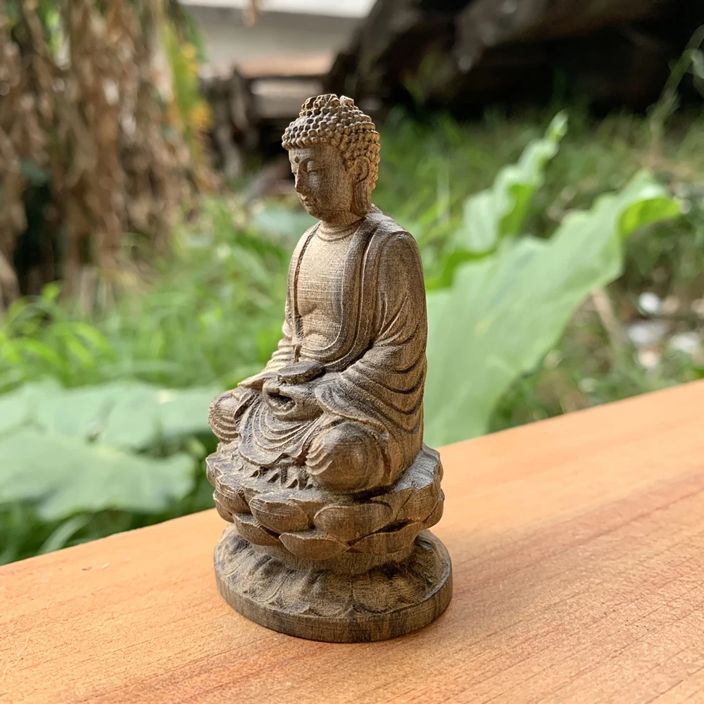 1 Piece of Wood Carving of Amitabha Buddha, Hand-Carved Tabletop Statue for Living Room, Holiday Decoration, Wooden Figurine Ornament