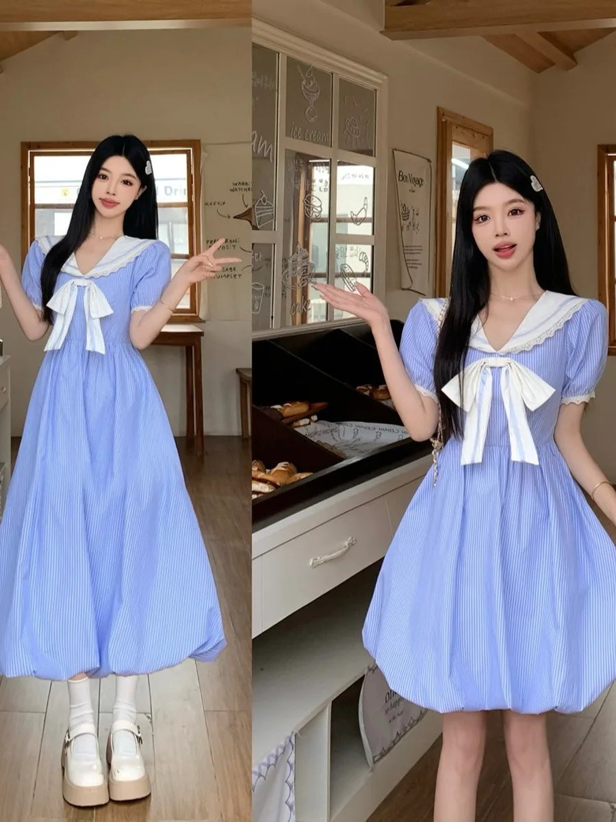 

Sweet Navy Blue Lace Trim Bubble Dress Women's Summer New Waist Cinching Belly Covering Long Dress plus Size Korean Style