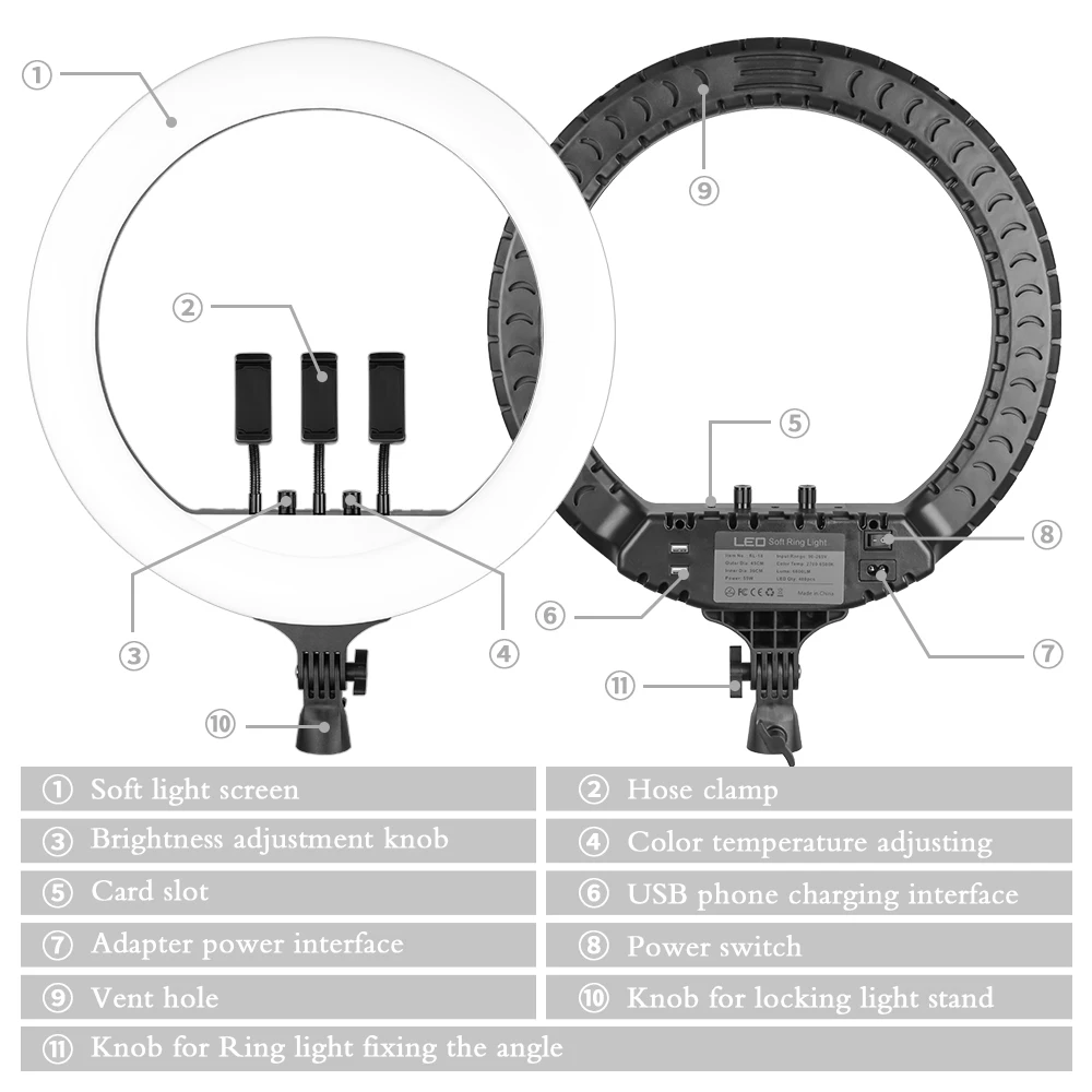 Imagem -03 - Sh-led Knob Ring Light com Tripé Selfie Video Lamp Phone Clip Youtube Live Lighting Photo Photography Studio 18 Polegada