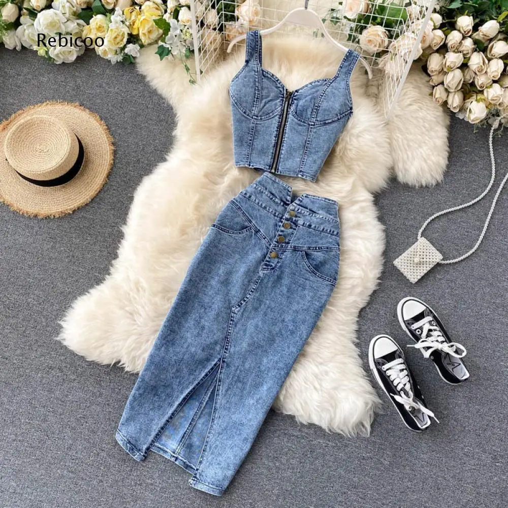 Female Washed Denim Matching Suit Sleeveless Zip Up Corset Top High Waist Multi Button Decor Split Midi Skirt Daily Street Wear