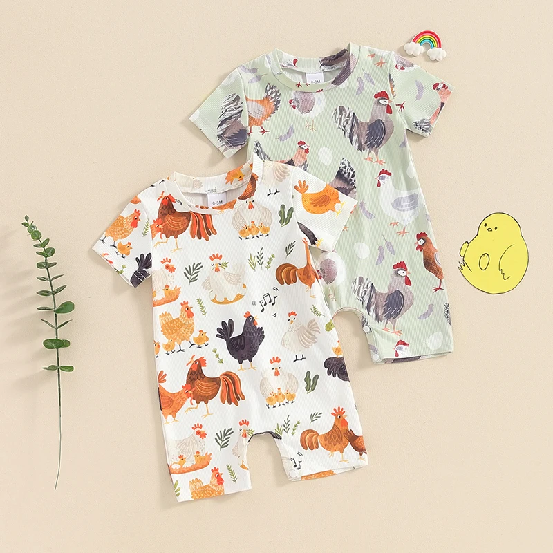 2024-03-04 Lioraitiin 0-12M Newborn Baby Boy Girls Farm Clothes Western Farm Animals Chicken Print Romper Jumpsuit