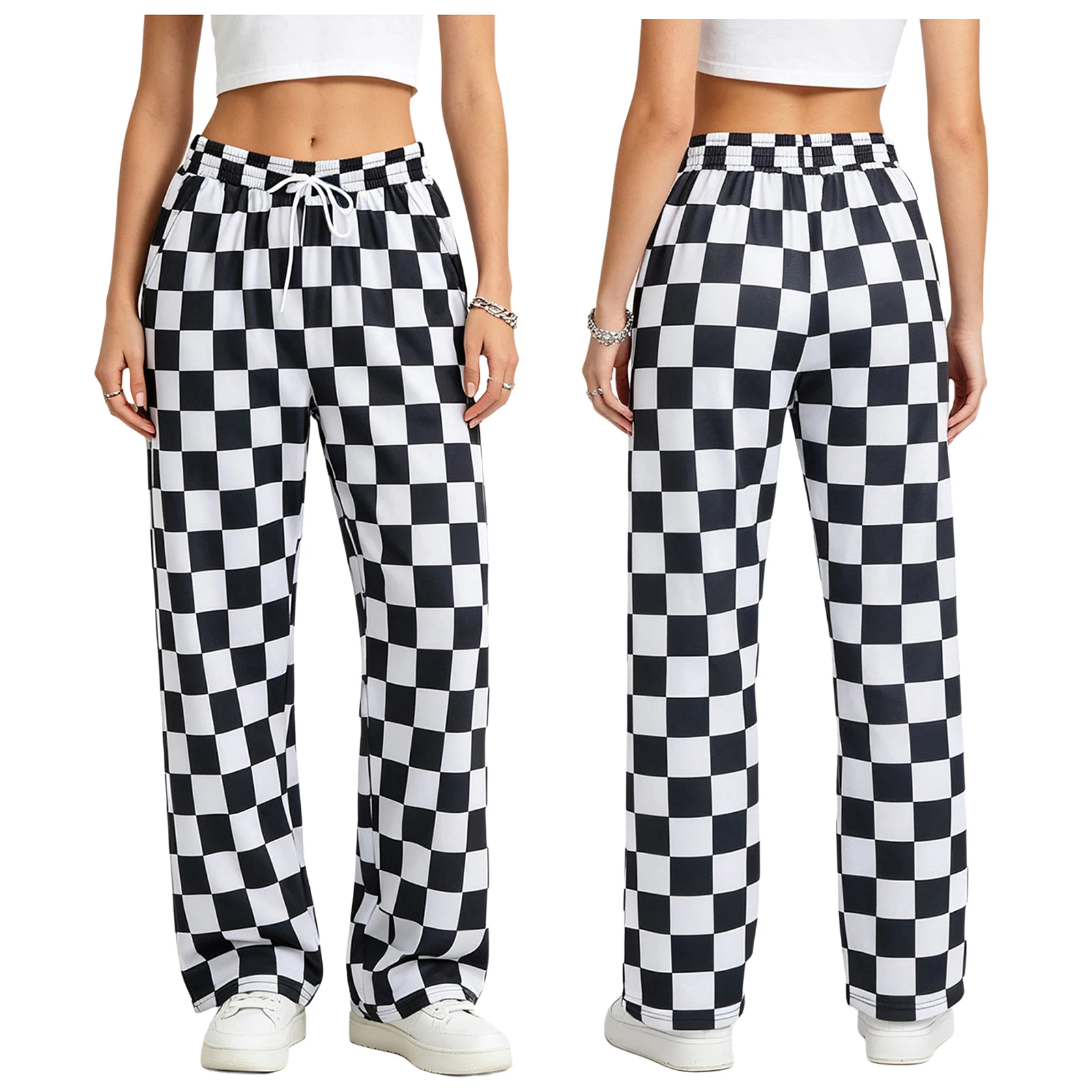 Women Checkerboard Casual Loose Wide Leg Pants Drawstring Elastic Waistband Trousers for Daily Wear Homewear Office Work Travel