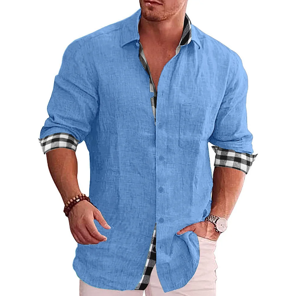 

New Men's Cotton Linen Shirts Loose Casual Blouse Grid Long Sleeve Tee Shirt Autumn Plus Size 5xl Fashion Handsome Men's t Shirt