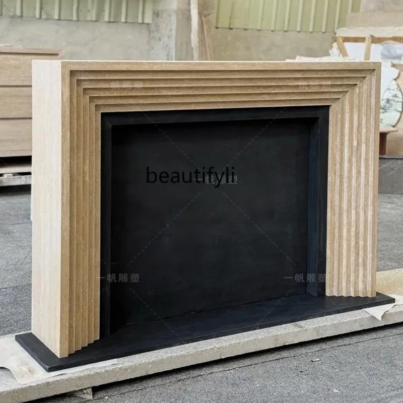 

A88 Marble fireplace French retro American silent wind natural travertine fireplace living room medieval